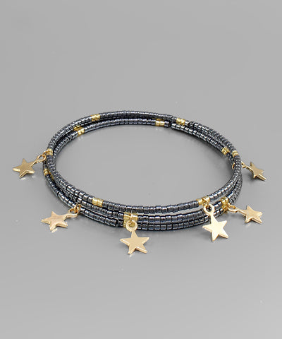 Gold Star and Charcoal Beaded Bracelet