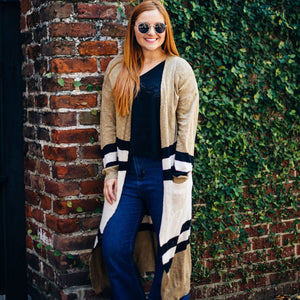Long Black and Taupe Striped Cardigan