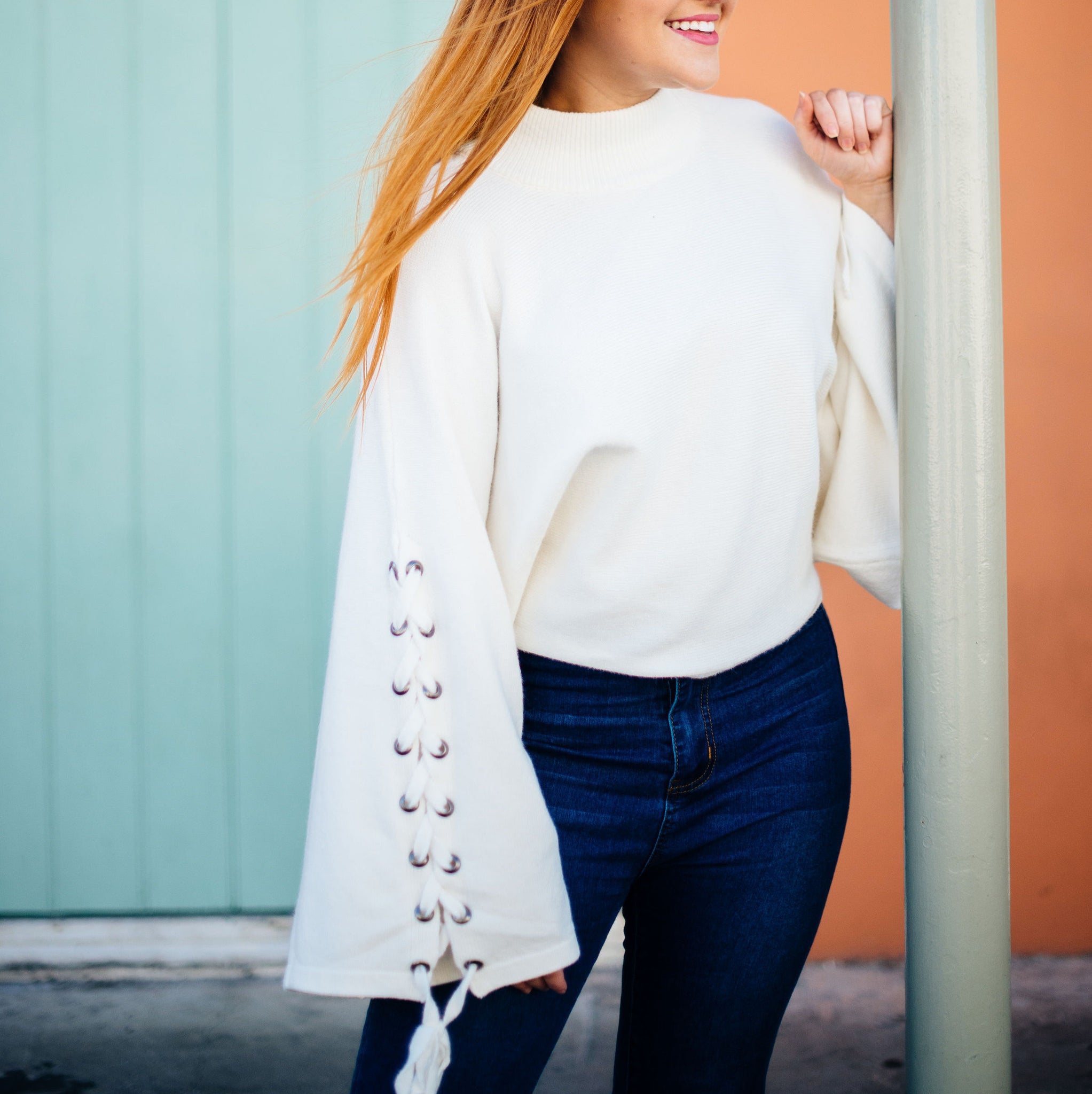 Cream Mock Neck Crop Sweater with Lace Up Sleeve