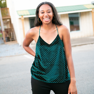 Green Velvet Cami with Gold Polka Dots