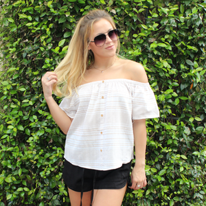 Taupe and White Striped Off the Shoulder Top