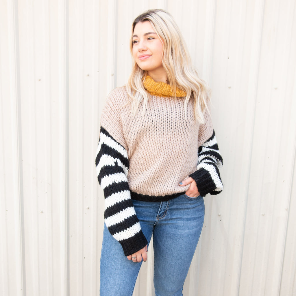 Multicolored Tan Turtleneck with Striped Sleeves
