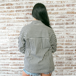 Black and White Striped Denim Jacket